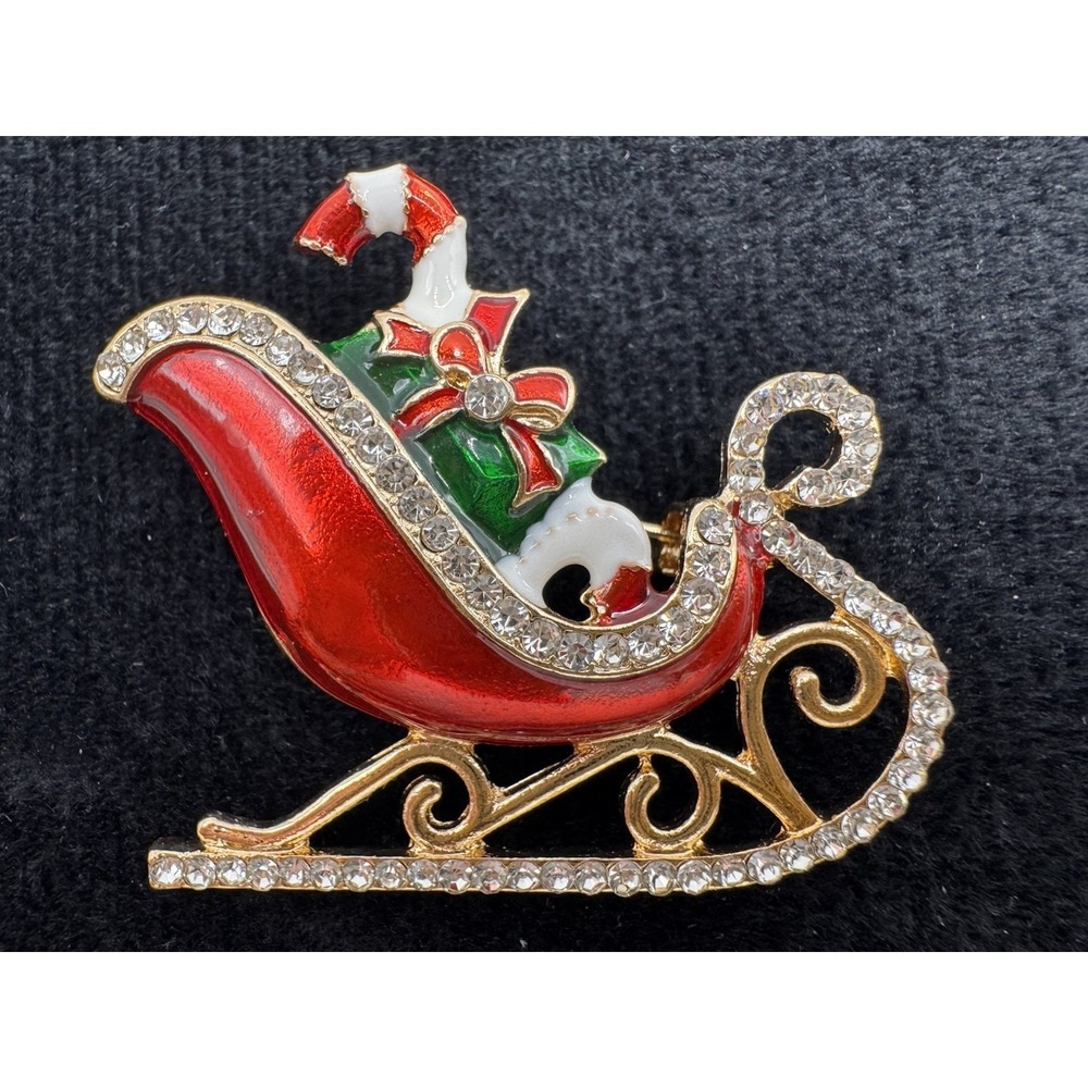 Rhinestone Christmas Sleigh Brooch Red Enamel Gold Tone‎ Holiday Pin